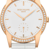 Patek Philippe Ladies Calatrava 33mm White Hobnail Index Diamond Bezel Rose Gold Leather - 7122-200R-001