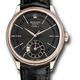 Rolex Cellini Dual Time Watch - Everose Gold - Black Dial - Black Leather Strap - 50525 bkbk