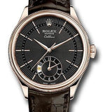 Rolex Cellini Dual Time Watch - Everose - Black Dial - Brown Leather Strap - 50525 bkbr