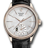 Rolex Cellini Dual Time Watch - Everose - Silver Dial - Black Leather Strap - 50525 sbk