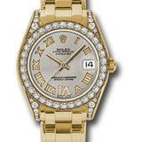 Rolex Yellow Gold Datejust Pearlmaster 34 Watch - 34 Diamond Bezel - Silver Roman Dial - 81158 sdr