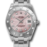 Rolex White Gold Datejust Pearlmaster 34 Watch - 12 Diamond Bezel - Pink Mother-Of-Pearl Diamond Dial - 81319 pmd