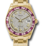 Rolex Yellow Gold Datejust Pearlmaster 34 Watch - 12 Pink And 24 Light-Pink Sapphire Baguettes Bezel - Diamond Paved Roman Dial - 81348SARO dpr