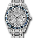 Rolex White Gold Datejust Pearlmaster 34 Watch - 12 Blue And 24 Light-Blue Sapphire Baguettes Bezel - Diamond Paved Roman Dial - 81349SA dprdp