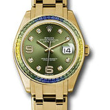 Rolex Yellow Gold Datejust Pearlmaster 39 Watch - 48 Blue To Green Gradient Baguette-Cut Sapphires Bezel - Olive Green Diamond Dial - 86348SABLV