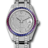 Rolex White Gold Datejust Pearlmaster 39 Watch - 48 Blue To Fuchsia Pink Gradient Baguette-Cut Sapphires Bezel - 18K White Gold Diamond Paved Dial - 86349SAFUBL dpdb