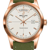 Breitling Transocean Day & Date Watch - 18k Red Gold - Mercury Silver Dial - Khaki Green Military Strap - Tang Buckle - R4531012/G752/106W/R20BA.1