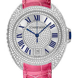 Cartier Cle De Diamond Paved Cartier Watch - 40 mm White Gold Diamond Case - Diamond Bezel - Silver Dial - Fuchsia Pink Alligator Strap - WJCL0019