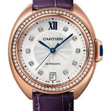 Cartier Cle de Cartier Watch - 35 mm Pink Gold Diamond Case - Diamond Bezel - Silvered Flinque Dial - Aubergine Alligator Strap - WJCL0039