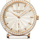 Patek Philippe Calatrava Ladies 31mm Cream Guillouche Diamond Bezel Rose Gold Leather Manual | 7120R-001