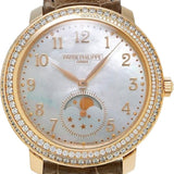 Patek Philippe Complications Diamond Ribbon Joaillerie Moon Phase Manual Winding Rose Gold Diamond Bezel 33.3mm White Mother of Pearl Dial Alligator Leather Strap | 4968R-001