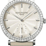 Patek Philippe Calatrava Ladies 31mm Cream Guillouche Diamond Bezel White Gold Leather Manual | 7120G-001