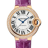 Cartier Ballon Bleu de Cartier Watch - 33 mm Pink Gold Diamond Case - Purple Alligator Strap - WE902066