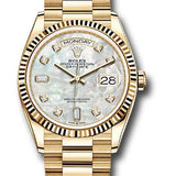Rolex Yellow Gold Day-Date 36 Watch - Fluted Bezel - Mother-of-Pearl Diamond Dial - President Bracelet - 128238 mdp