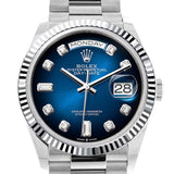 Rolex Day-Date 36 Blue Ombre Diamond Dial Fluted Bezel Platinum President Watch 128236