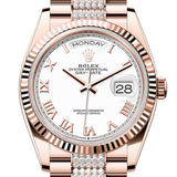 Rolex Day-Date 36 White Dial Fluted Bezel 18K Everose gold Diamond President Watch 128235