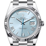 Rolex Day-Date 40 Ice-Blue Roman Dial Dial Fluted Bezel Platinum President Men's Watch 228236